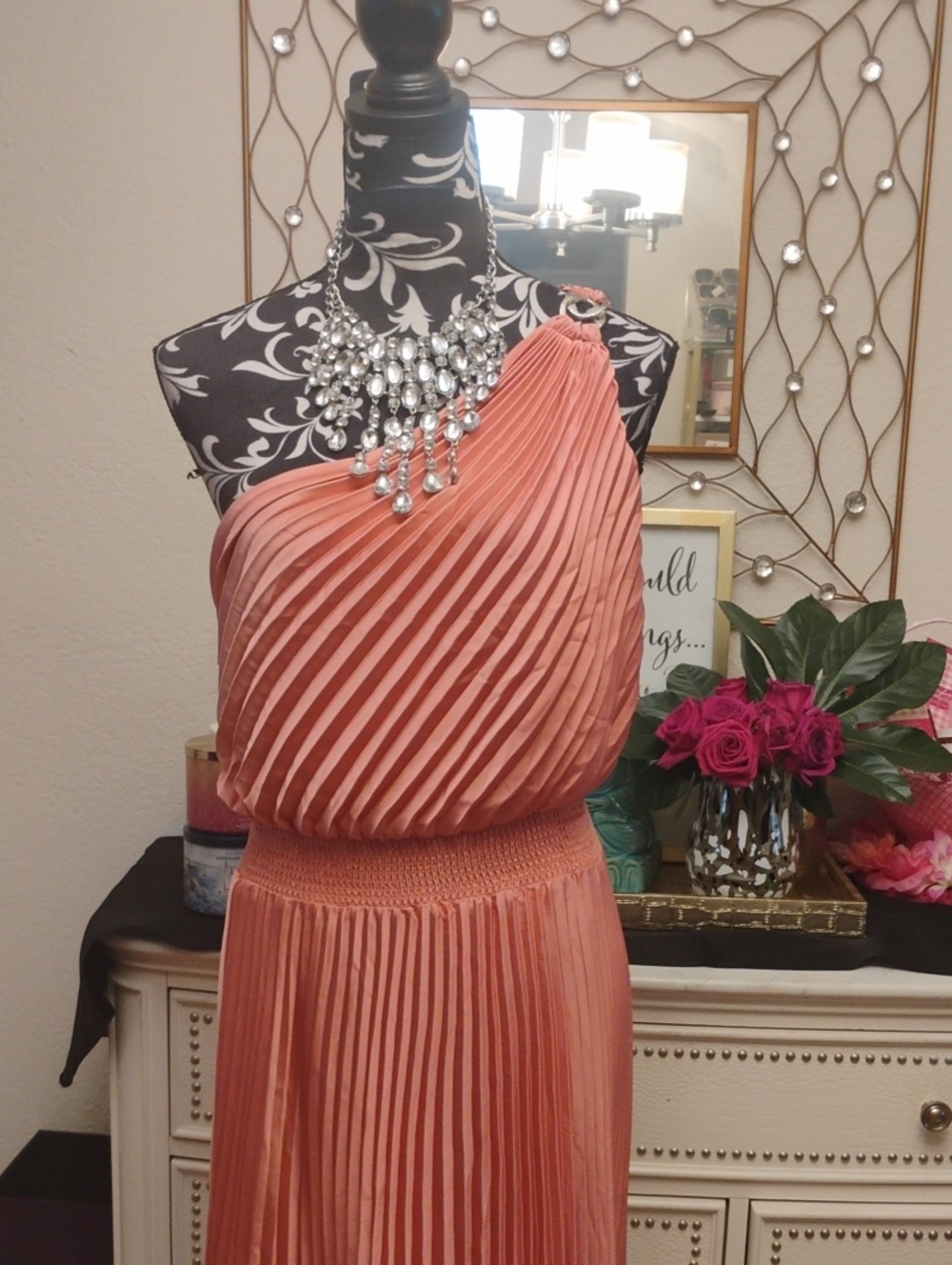 White House Black Market One-Shoulder Pleated Maxi Dress in Coral